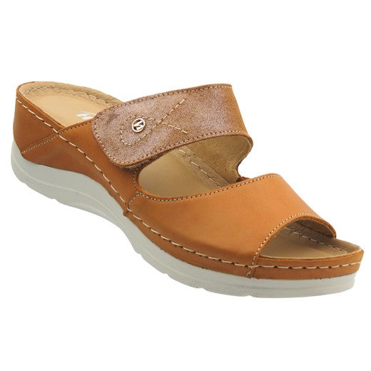 Skórzane klapki damskie na rzep - Hilby 286, jasny brąz ze sklepu ulubioneobuwie w kategorii Klapki damskie - zdjęcie 184627246