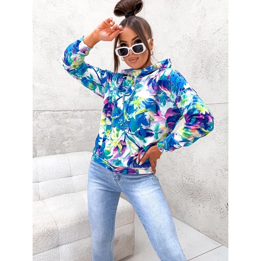 WZORZYSTA BLUZA Z KAPTUREM- NIEBIESKA ze sklepu olika.com.pl w kategorii Bluzy damskie - zdjęcie 184630126