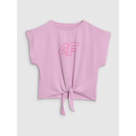 Dziewczęcy crop top sportowy z nadrukiem 4F 4FJWSS25TFTSF1184 - różowy ze sklepu Sportstylestory.com w kategorii Bluzki dziewczęce - zdjęcie 184638318
