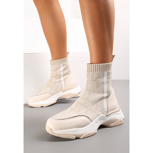 Beżowe Sneakersy na Płaskiej Grubej Podeszwie ze Skarpetkową Cholewką Sonvala ze sklepu born2be.pl w kategorii Buty sportowe damskie - zdjęcie 184638409