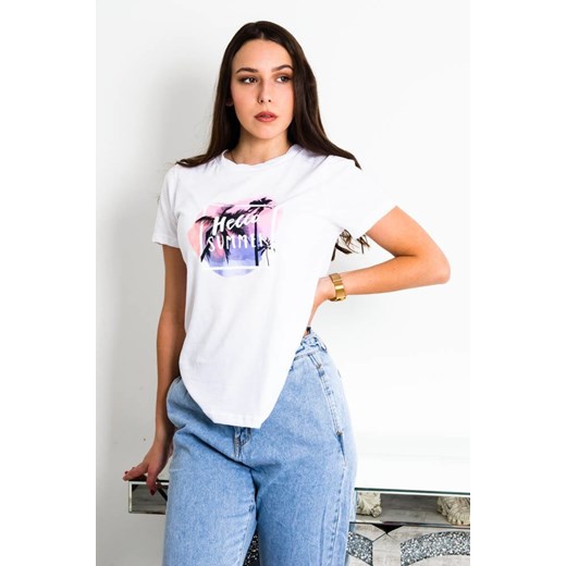 BIAŁY T-SHIRT Z APLIKACJĄ HELLO SUMMER ze sklepu olika.com.pl w kategorii Bluzki damskie - zdjęcie 184669086