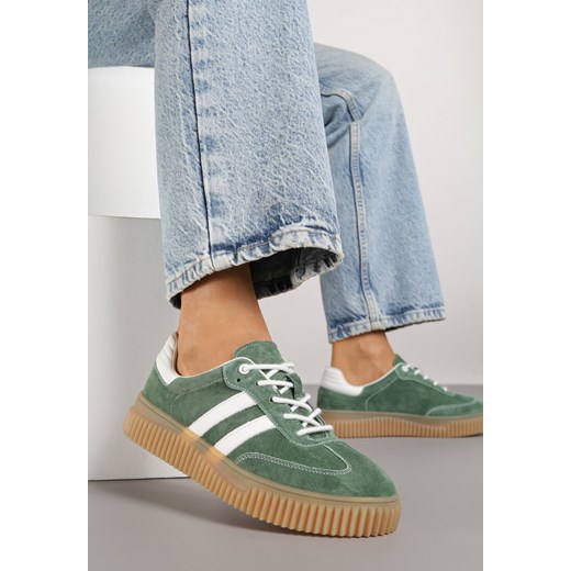 Zielone Zamszowe Sneakersy w Stylu Kultowych Tenisówek ze Skórzaną Wkładką Tenannia ze sklepu renee.pl w kategorii Buty sportowe damskie - zdjęcie 184674386