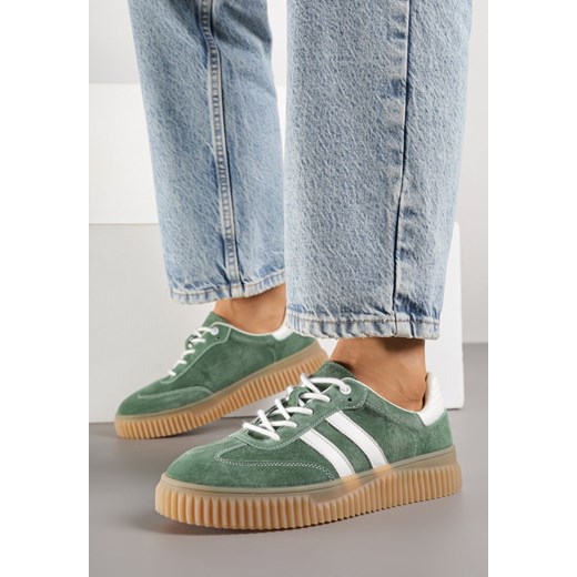 Zielone Skórzane Sneakersy Klasyczne Tenisówki z Zamszu Naturalnego Teniresela ze sklepu born2be.pl w kategorii Buty sportowe damskie - zdjęcie 184674399
