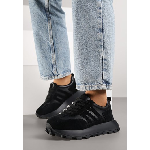 Czarne Skórzane Sneakersy z Geometrycznym Motywem Melussea ze sklepu born2be.pl w kategorii Buty sportowe damskie - zdjęcie 184674405
