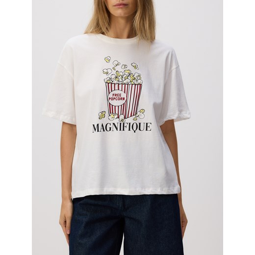 Reserved - T-shirt oversize z nadrukiem - złamana biel ze sklepu Reserved w kategorii Bluzki damskie - zdjęcie 184678986