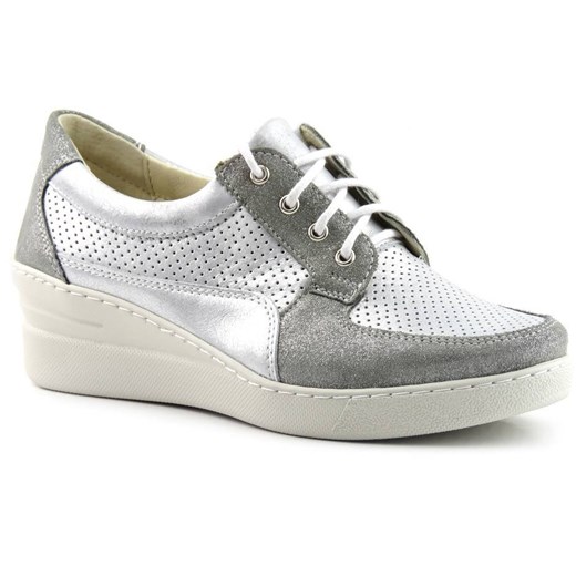 Skórzane sneakersy damskie na koturnie - HELIOS Komfort 373, szare z połyskiem ze sklepu ulubioneobuwie w kategorii Półbuty damskie - zdjęcie 184699887