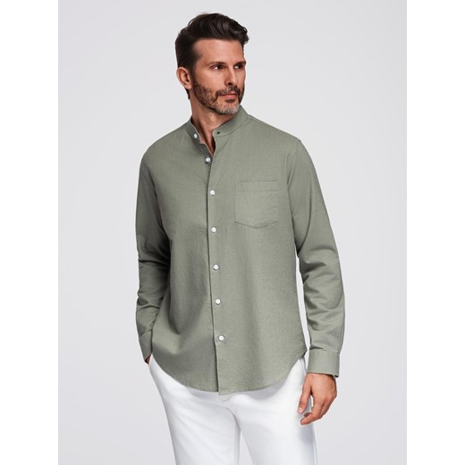 Męska koszula lniana ze stójką i kieszenią REGULAR FIT – khaki V6 OM-SHCS-0161 ze sklepu ombre w kategorii Koszule męskie - zdjęcie 184721178