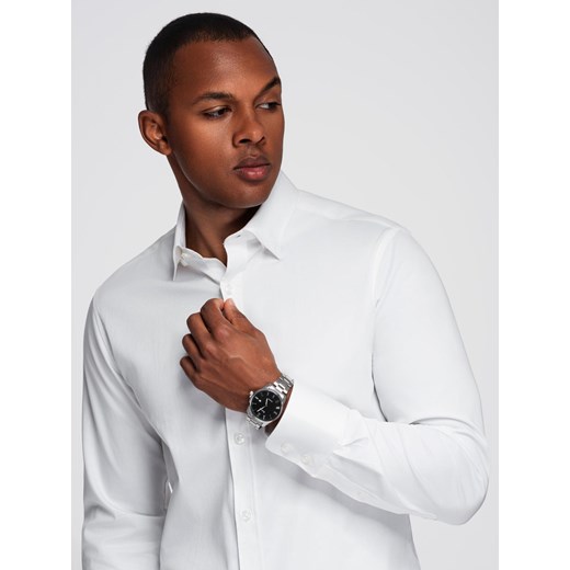 Klasyczna męska koszula SLIM FIT z tkaniny satynowej – biała V1 OM-SHOS-0176 ze sklepu ombre w kategorii Koszule męskie - zdjęcie 184721236