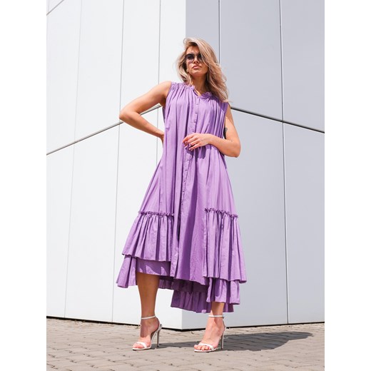 Fioletowa sukienka midi z asymetrycznymi falbanami EyeForFashion ze sklepu Eye For Fashion w kategorii Sukienki - zdjęcie 184733476