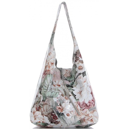 Torebka Skórzana firmy Vittoria Gotti Uniwersalny Włoski Shopper w modne wzory Kwiatów Jasno Szara ze sklepu PaniTorbalska w kategorii Torby Shopper bag - zdjęcie 184733805