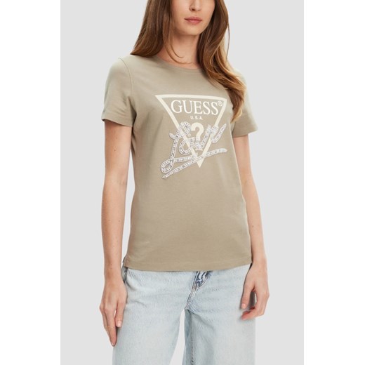 GUESS Zielony damski t-shirt Pearls Love, Rozmiar XS ze sklepu outfit.pl w kategorii Bluzki damskie - zdjęcie 184734088
