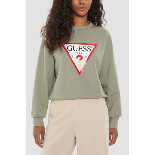 GUESS Zielona bluza damska z dużym logo Original Fleece, Rozmiar XS ze sklepu outfit.pl w kategorii Bluzy damskie - zdjęcie 184734149