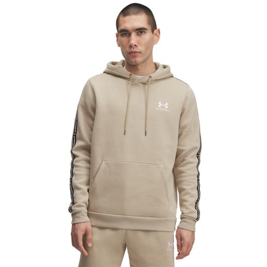 Męska bluza nierozpinana z kapturem UA Icon Fleece HD Taping - beżowa ze sklepu Sportstylestory.com w kategorii Bluzy męskie - zdjęcie 184739507