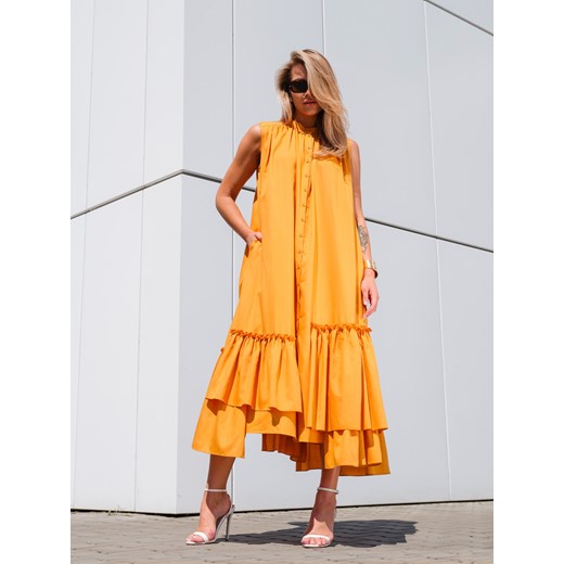 Pomarańczowa sukienka midi z asymetrycznymi falbanami EyeForFashion ze sklepu Eye For Fashion w kategorii Sukienki - zdjęcie 184753905