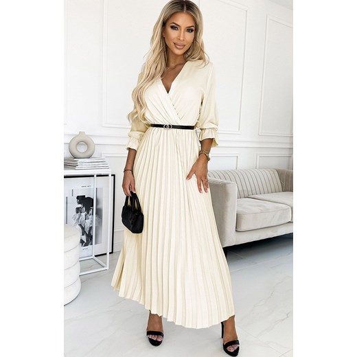 Plisowana sukienka maxi z paskiem Serena 462-4, Kolor ecru, Rozmiar one size, Numoco Basic one size okazja Primodo