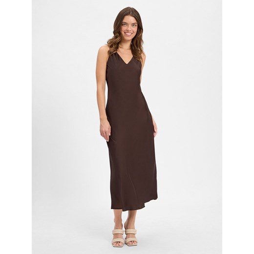 Someday Damska satynowa sukienka - Qova pure Kobiety Sztuczne włókno czekoladowy jednolity ze sklepu vangraaf w kategorii Sukienki - zdjęcie 184759047