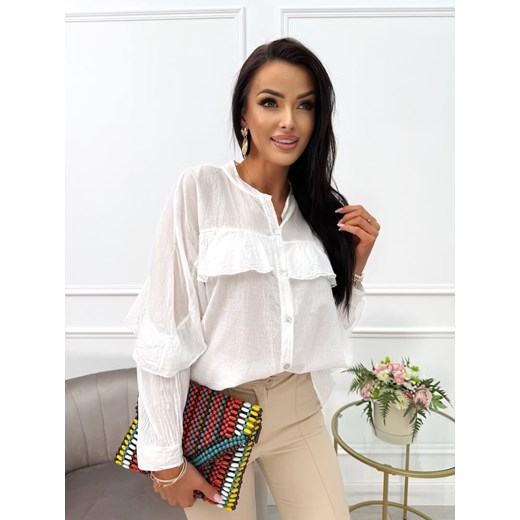 Biała Bawełniana Koszula z Falbanką Modnakiecka.pl 40 ModnaKiecka.pl