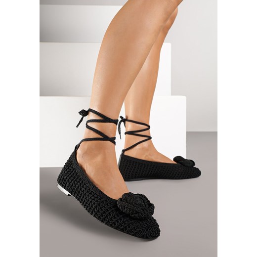 Czarne Plecione Balerinki Vices z Aplikacją i Wiązaniem Erlemia 37 born2be.pl