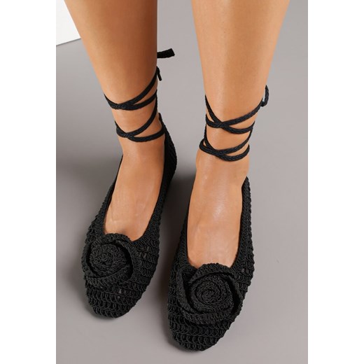 Czarne Plecione Balerinki Vices z Aplikacją i Wiązaniem Erlemia 37 born2be.pl