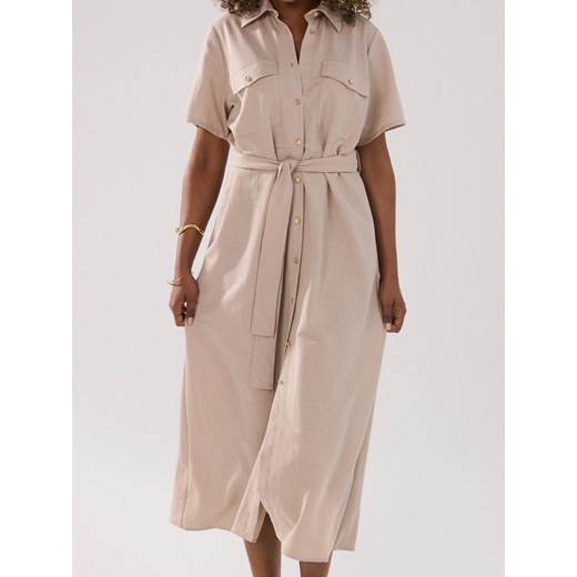 Sinsay - Koszulowa sukienka midi z paskiem - kremowy Sinsay L Sinsay