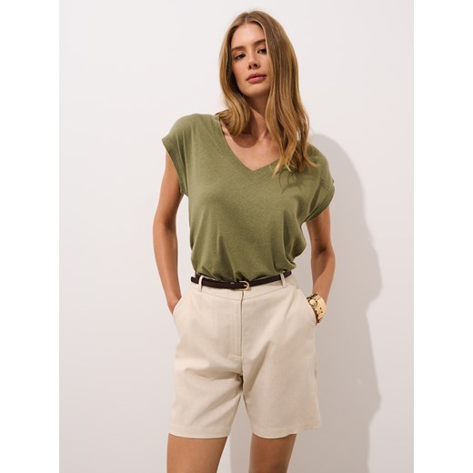 Mohito - T-shirt z lnu i wiskozy - oliwkowy Mohito XL Mohito