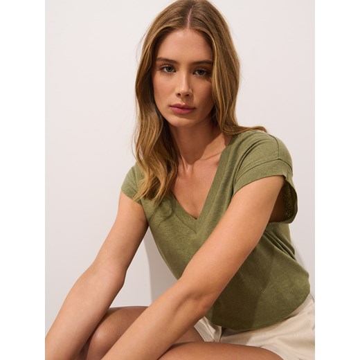 Mohito - T-shirt z lnu i wiskozy - oliwkowy Mohito L Mohito