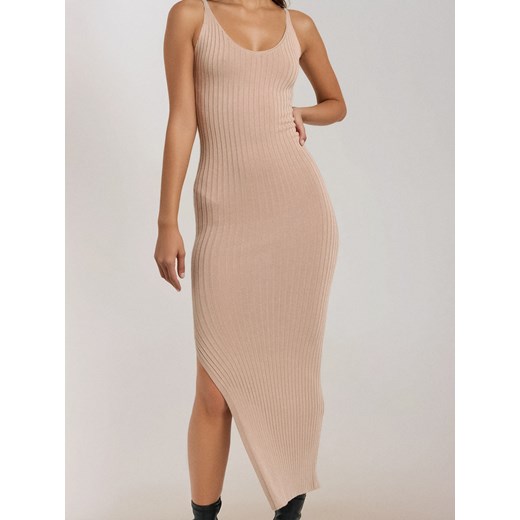 Sinsay - Dzianinowa sukienka w prążek na ramiączkach - kremowy Sinsay M Sinsay