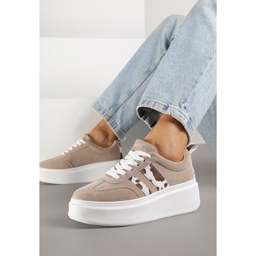 Ciemnobeżowe Sneakersy Klasyczne Tenisówki na Grubej Podeszwie z Koturnem i Paskami Ozdobionymi Printem  w Łaty Adessia ze sklepu renee.pl w kategorii Buty sportowe damskie - zdjęcie 184795405