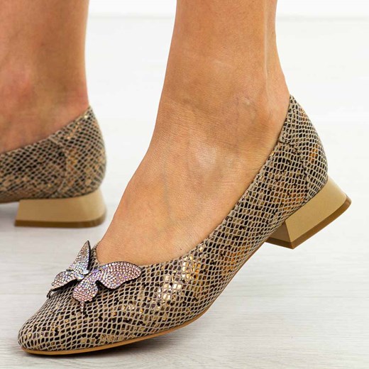 Złote wąż ażurowe baleriny damskie na obcasie M.Daszyński Sa178a-3 ze sklepu suzana.pl w kategorii Czółenka - zdjęcie 184828667