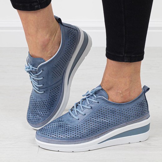 Niebieskie skórzane ażurowe półbuty damskie na koturnie T.Sokolski 150 40 wyprzedaż suzana.pl