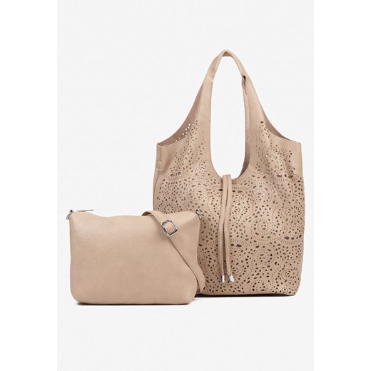 Ciemnobeżowa Torebka Shopper z Ażurowym Wzorem i Dodatkową Saszetką Merabella ze sklepu renee.pl w kategorii Torby Shopper bag - zdjęcie 184852767