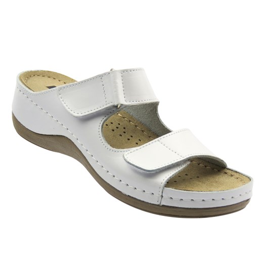 Skórzane Klapki Damskie białe Leon 905 ze sklepu ulubioneobuwie w kategorii Klapki damskie - zdjęcie 184876576