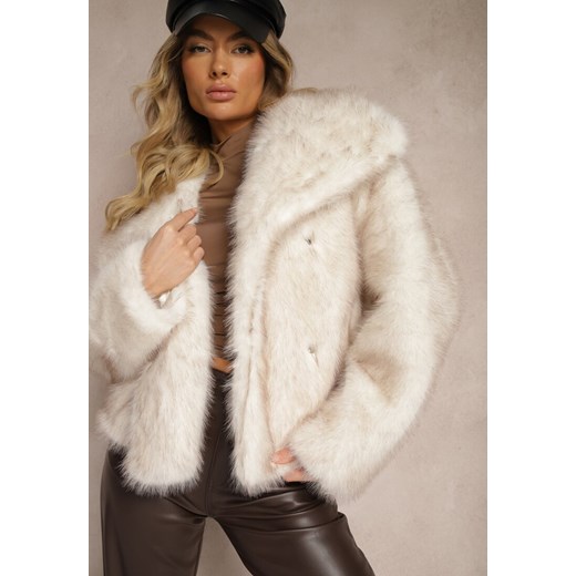 Jasnobeżowa Kurtka ze Sztucznego Futra Ozdobiona Kołnierzem Meriian ze sklepu renee.pl w kategorii Futra damskie - zdjęcie 184890937