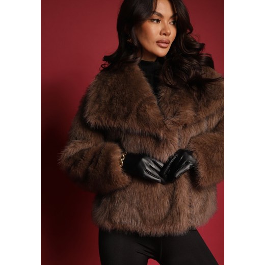 Brązowa Kurtka ze Sztucznego Futra Ozdobiona Kołnierzem Meriian ze sklepu renee.pl w kategorii Futra damskie - zdjęcie 184890947