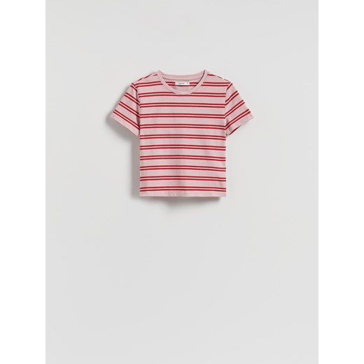 Reserved - Krótki t-shirt w paski - pastelowy róż Reserved M Reserved