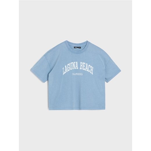 Sinsay - Bawełniana koszulka z napisem wakacyjnym - niebieski Sinsay S wyprzedaż Sinsay