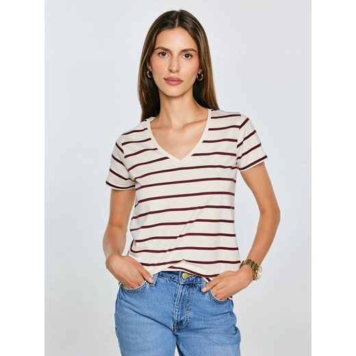 Koszulka damska z dekoltem v-neck w paski kremowa Retina 103 ze sklepu Big Star w kategorii Bluzki damskie - zdjęcie 185043995