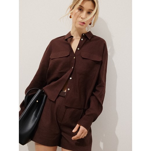 Mohito - Brązowa koszula z lnu i wiskozy - ciemnobrązowy ze sklepu Mohito w kategorii Koszule damskie - zdjęcie 185048568