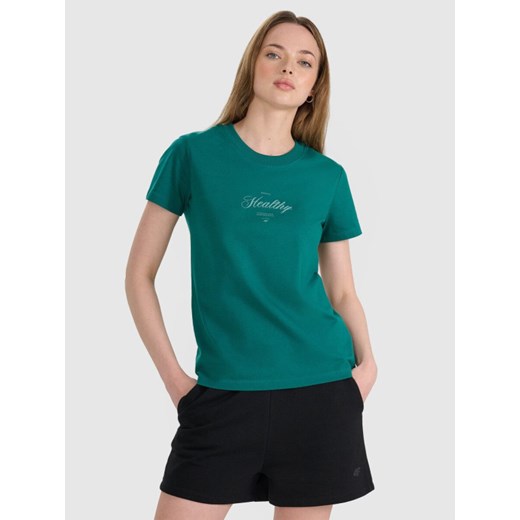 Damski t-shirt z nadrukiem 4F 4FRSS25TTSHF2780 - turkusowy ze sklepu Sportstylestory.com w kategorii Bluzki damskie - zdjęcie 185049765