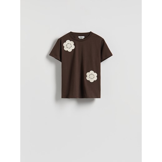 Reserved - T-shirt z szydełkowaną aplikacją - brązowy ze sklepu Reserved w kategorii Bluzki damskie - zdjęcie 185063675