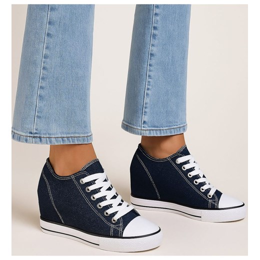 Granatowe trampki sneakersy na niskim koturnie /D6-3 13521 G099/ ze sklepu Pantofelek24.pl w kategorii Trampki damskie - zdjęcie 185070105