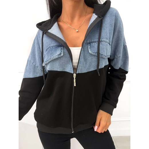 Czarna Bluza z Jeansową Wstawką i Kapturem ze sklepu ModnaKiecka.pl w kategorii Bluzy damskie - zdjęcie 185361459