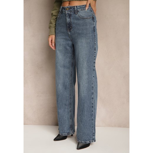 Szare Szerokie Jeansy High Waist z Cyrkoniowymi Zdobieniami Zarilene Renee S renee.pl