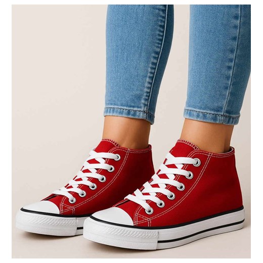 Wysokie dziewczęce trampki z tkaniny Bordowe /B5-3 14264 T85-5/ ze sklepu Pantofelek24.pl w kategorii Trampki dziecięce - zdjęcie 185388589