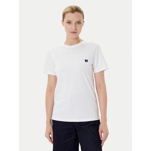 Wrangler T-Shirt Sign Off 112373024 Biały Slim Fit ze sklepu MODIVO w kategorii Bluzki damskie - zdjęcie 185391376