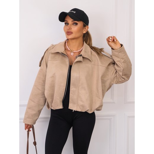 KURTKA OVERSIZE Z IMITACJI ZAMSZU ZAPINANA NA ZAMEK- BEŻOWA ze sklepu olika.com.pl w kategorii Kurtki damskie - zdjęcie 185407908