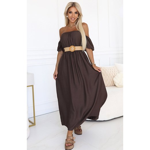 Czekoladowa sukienka maxi w stylu boho z odkrytymi ramionami 614-1, Kolor czekoladowy, Rozmiar one size, NUMOCO BASIC ze sklepu Primodo w kategorii Sukienki - zdjęcie 185413069