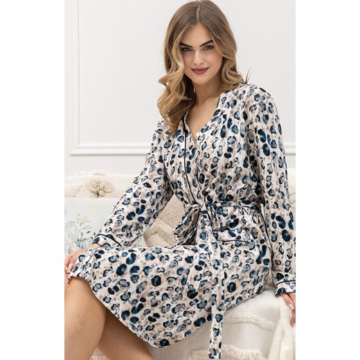 Bawełniany szlafrok damski 1676 Wirginia, Kolor beżowo-granatowy, Rozmiar M, Leveza ze sklepu Intymna w kategorii Szlafroki damskie - zdjęcie 185413919