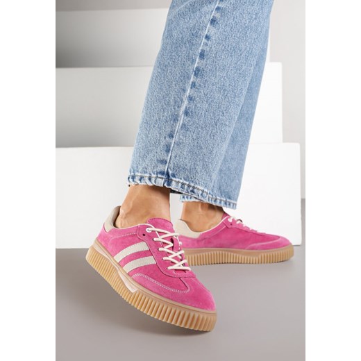 Fuksjowe Zamszowe Sneakersy w Stylu Kultowych Tenisówek ze Skórzaną Wkładką Tenannia ze sklepu renee.pl w kategorii Buty sportowe damskie - zdjęcie 185420355