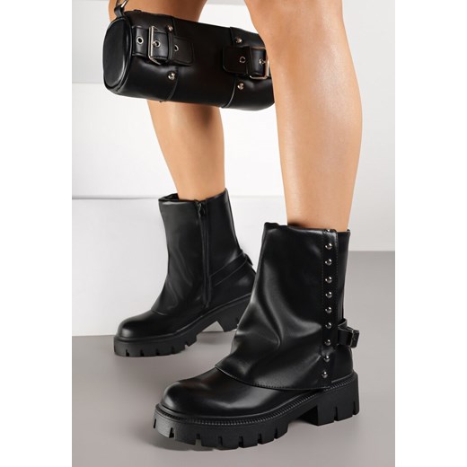Czarne Botki Ozdobione Klamrą i Wywiniętą Cholewką Ansone ze sklepu renee.pl w kategorii Botki - zdjęcie 185420619